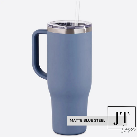 Personalized 40 Oz. Tumbler with Handle: MATTE BLUE STEEL
